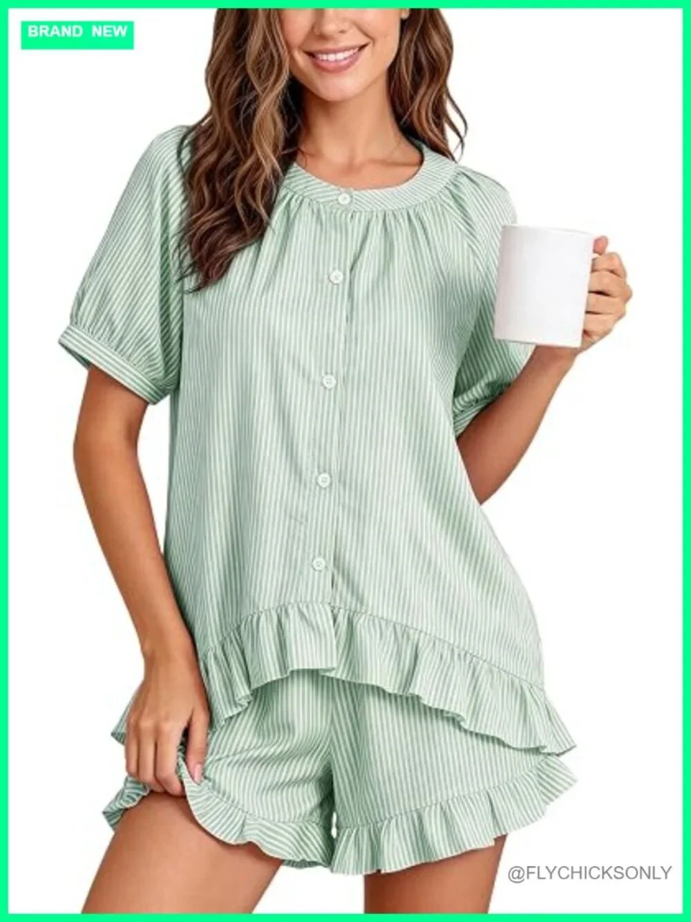 2 Piece Cotton Striped Pajama Set with Puff Sleeves Babydoll Top and Shorts